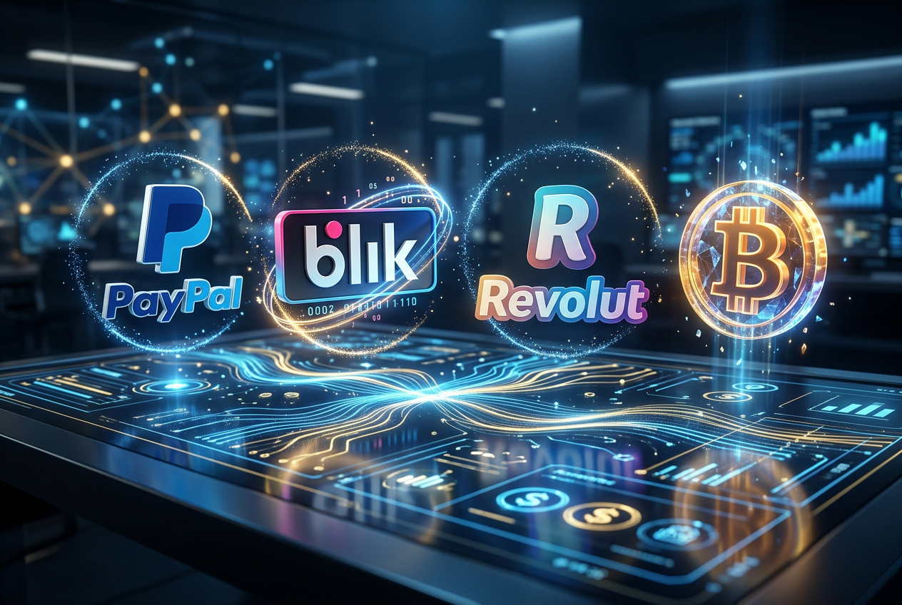 Porównanie logotypów płatności PayPal BLIK Revolut Bitcoin