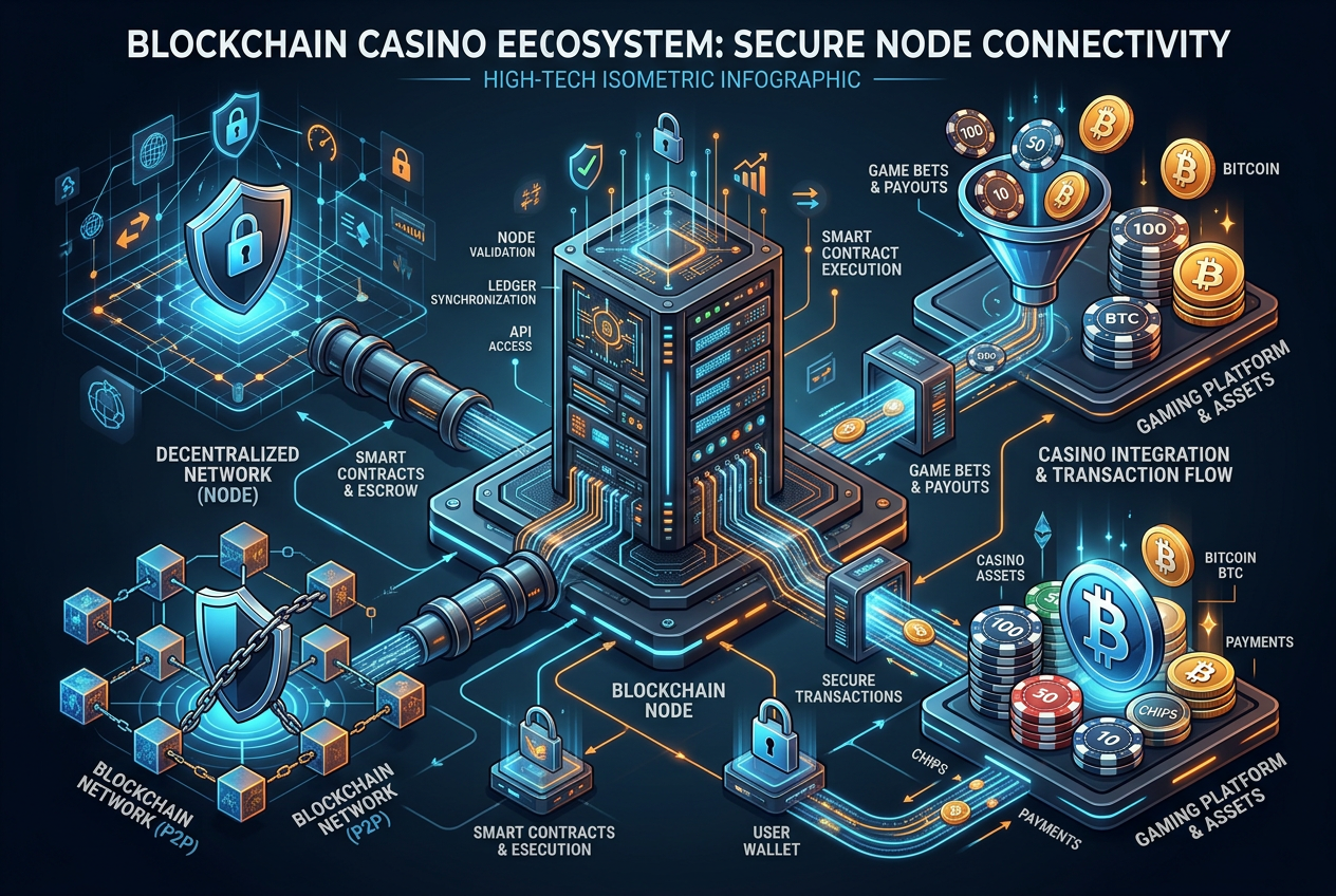 Infografika przedstawiająca węzeł blockchain połączony z żetonami kasynowymi i symbolem bitcoin w profesjonalnym stylu high-tech.