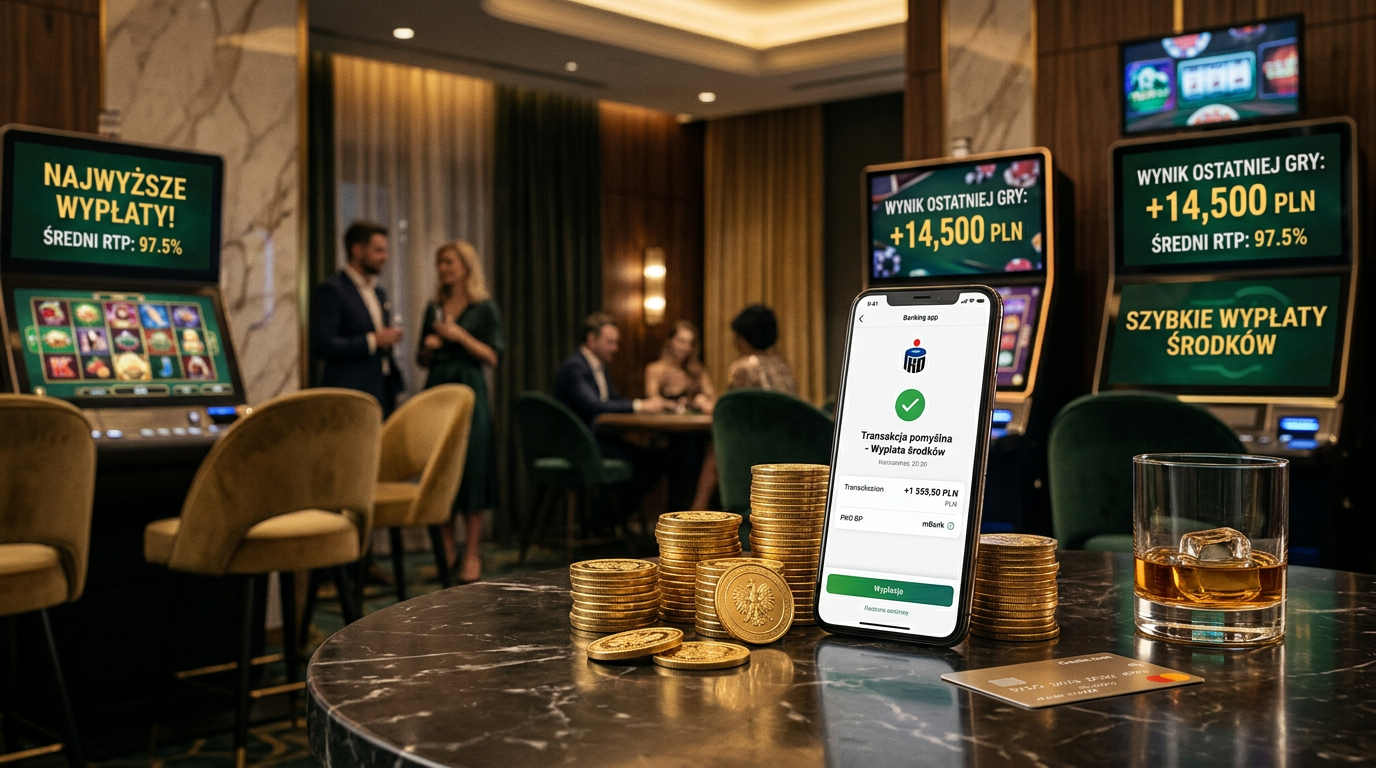 Luksusowe wnętrze kasyna z potwierdzeniem wypłaty na smartfonie