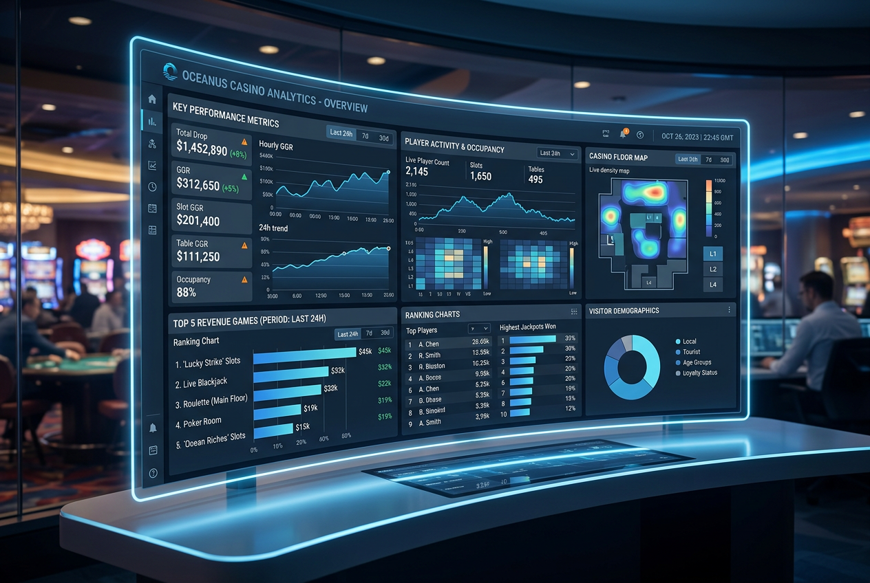 Modern analytics dashboard showing igaming market statistics and casino rankings