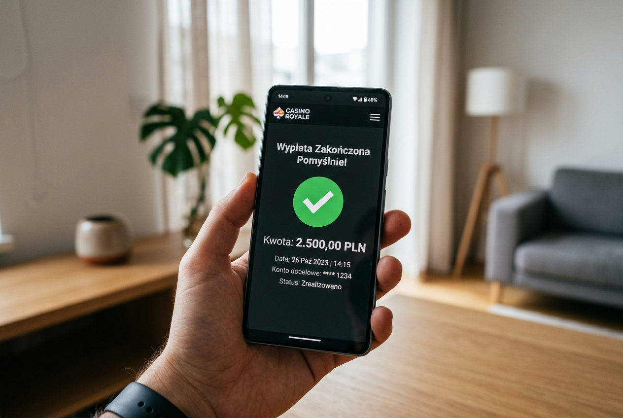 Smartfon z aplikacją kasynową wyświetlający powiadomienie o pomyślnym odebraniu bonusu